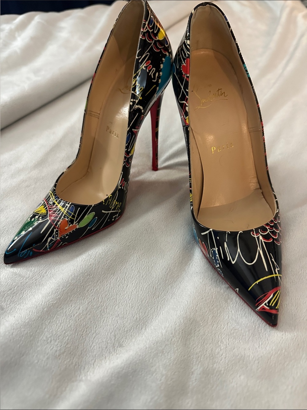 Christian Louboutin Black Patent Graffiti Pointed-Toe Pumps